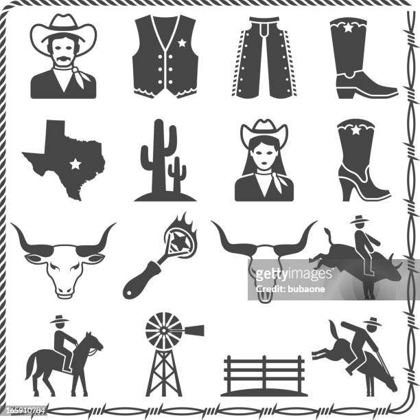 ilustraciones, imágenes clip art, dibujos animados e iconos de stock de el salvaje oeste ranch vida & conjunto de iconos en blanco y negro - monta de toro