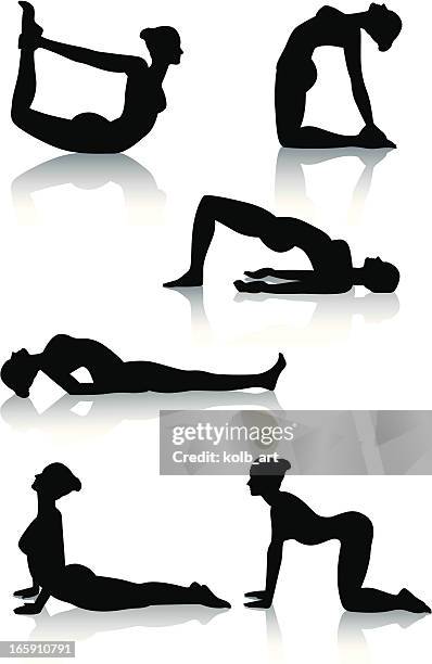 illustrations, cliparts, dessins animés et icônes de élégantes silhouettes de yoga en mouvement - posture du poisson