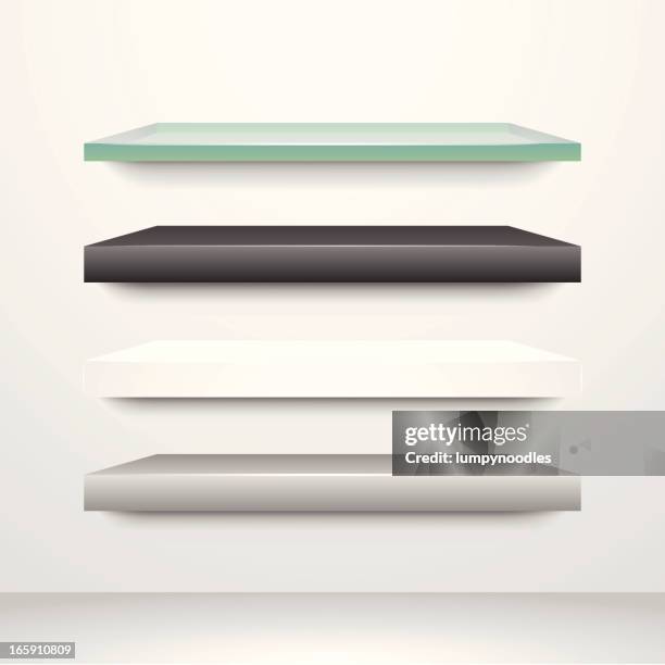 close-up of shelf samples made of different materials - floating shelves stock illustrations
