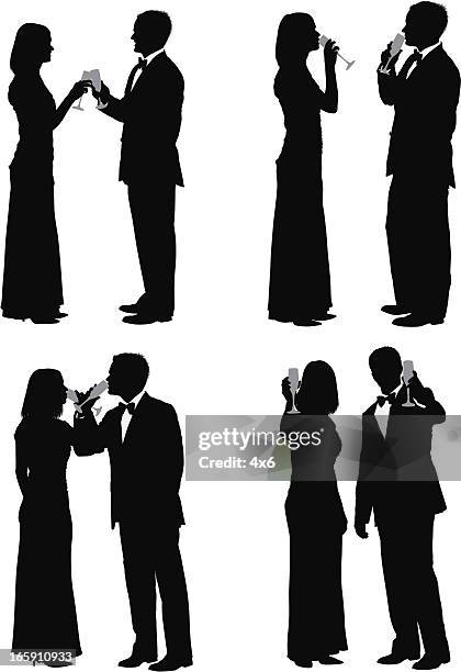 couple enjoying champagne - evening gown silhouette stock illustrations