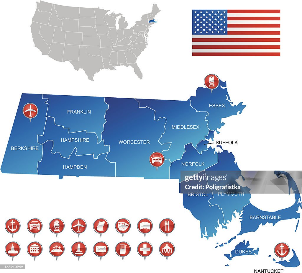 A detailed map of Massachusetts USA