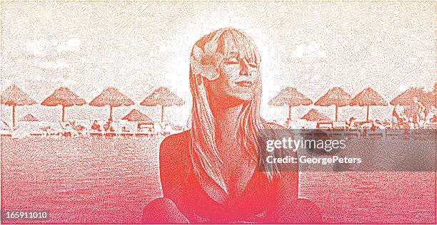 sunbathing woman - infinity pool stock illustrations