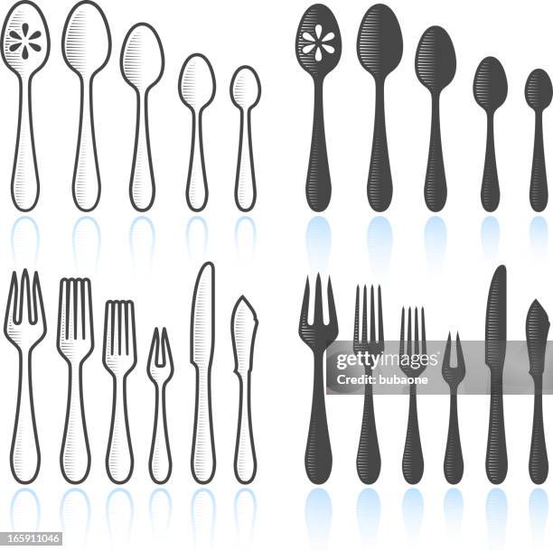 eating utensils black & white royalty free vector icon set - baby spoon stock illustrations