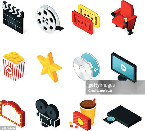 ilustrações, clipart, desenhos animados e ícones de isometric ícones do cinema - dvd equipamento elétrico