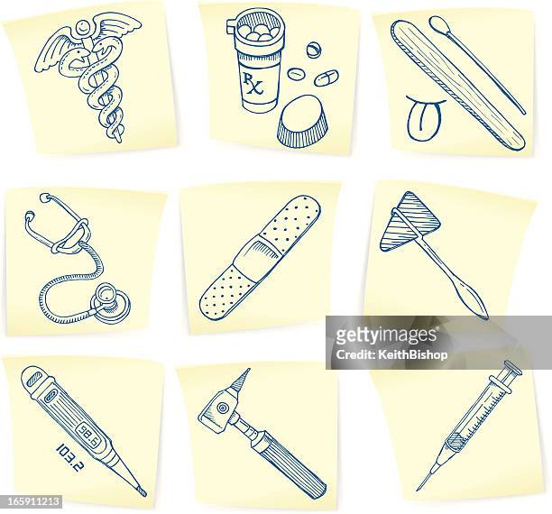medical symbol & equipment doodles on sticky notes - reflex hammer stock illustrations