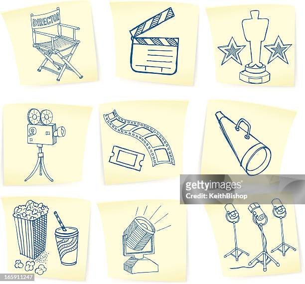 ilustrações, clipart, desenhos animados e ícones de hollywood movie rabiscos em notas autoadesivas - cadeira de diretor