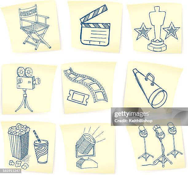 hollywood movie doodles on sticky notes - director's chair stock illustrations