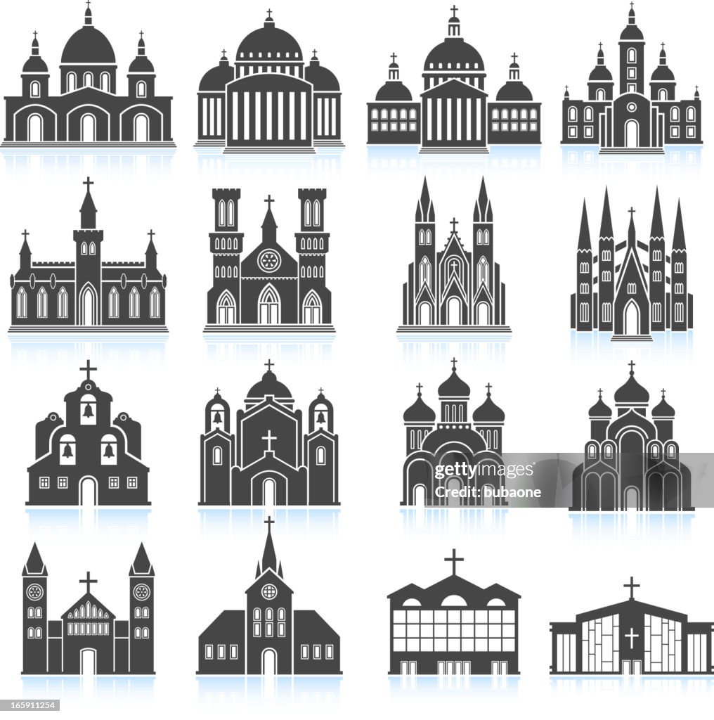 Old Church and Cathedral black & white vector icon set