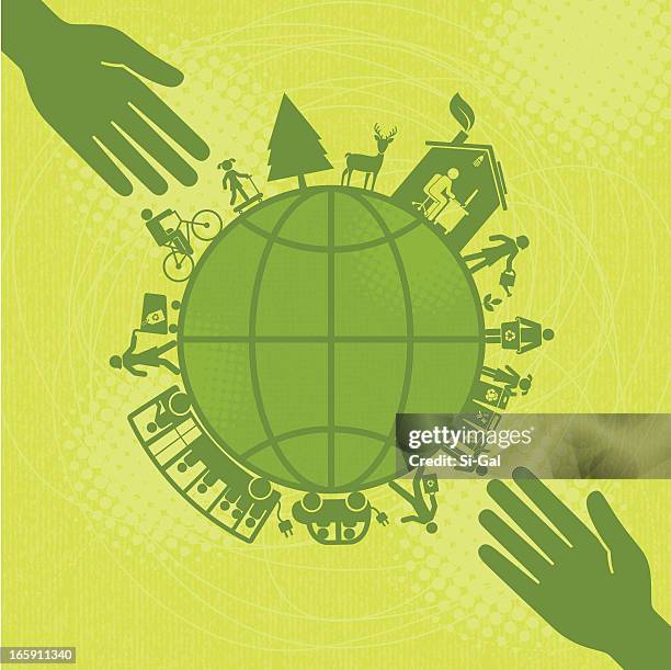 hands reaching out to make a greener world(green world series) - for a greener earth stock illustrations