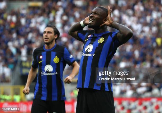 Marcus Thuram of FC Internazionale celebrates after scoring the team's first goal during the Serie A TIM match between FC Internazionale and ACF...