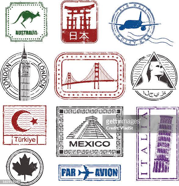 world travel stamps - leaning tower of pisa stock illustrations