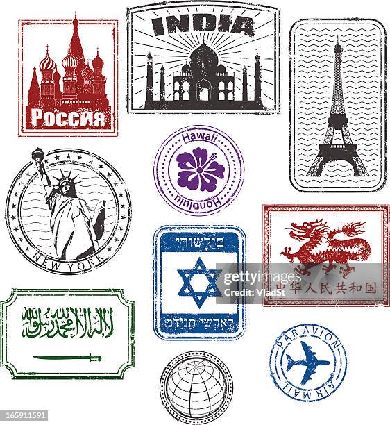 world travel stamps - red square stock illustrations