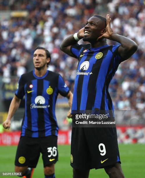 Marcus Thuram of FC Internazionale celebrates after scoring the team's first goal during the Serie A TIM match between FC Internazionale and ACF...