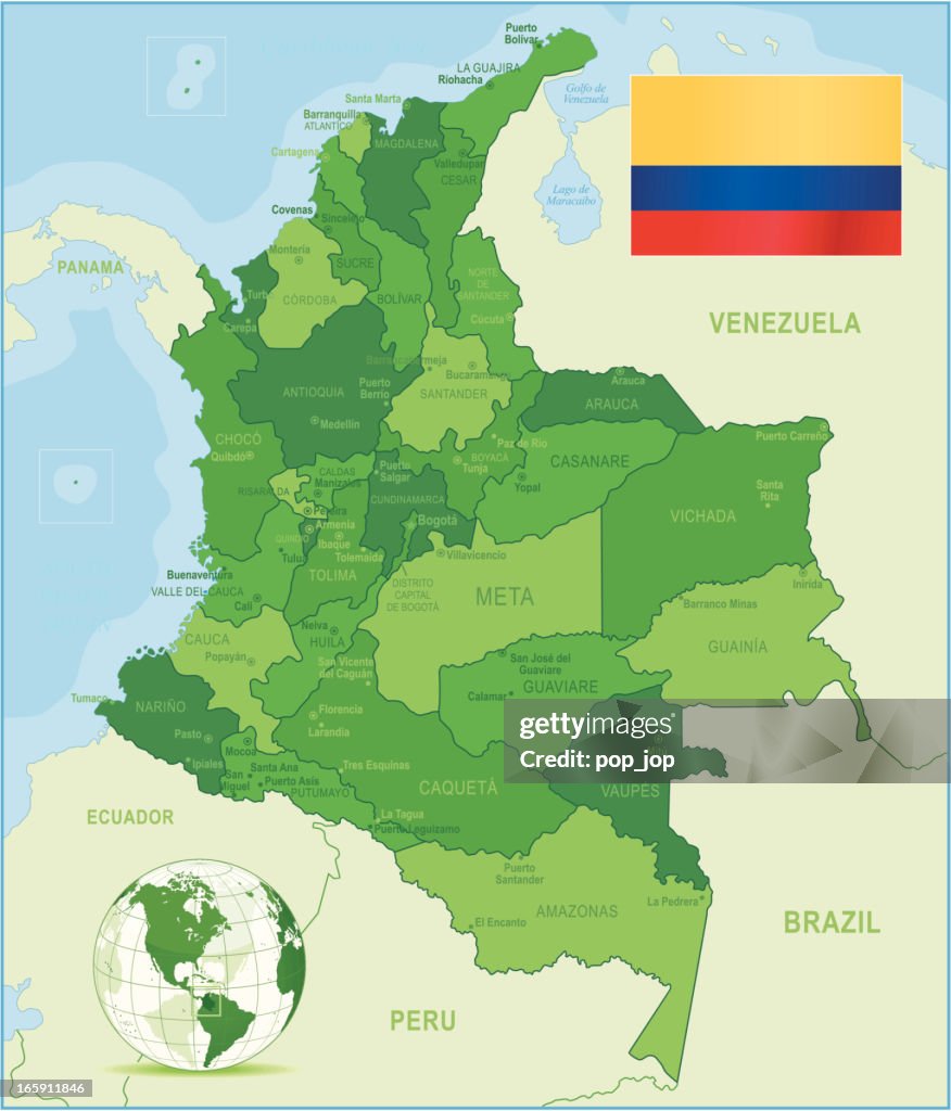 Green Map of Colombia - states, cities and flag