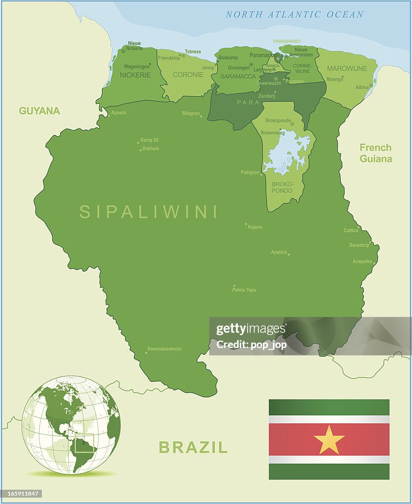 Green Map of Suriname - states, cities and flag