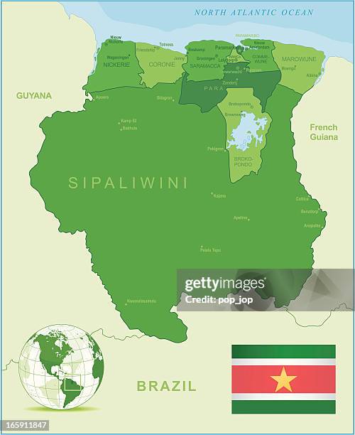 green map of suriname - states, cities and flag - new amsterdam stock illustrations