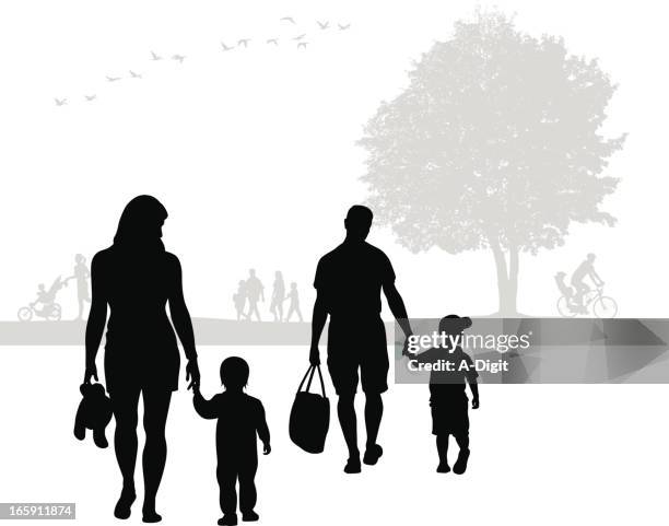 family walk vector silhouette - jogging stroller stock illustrations