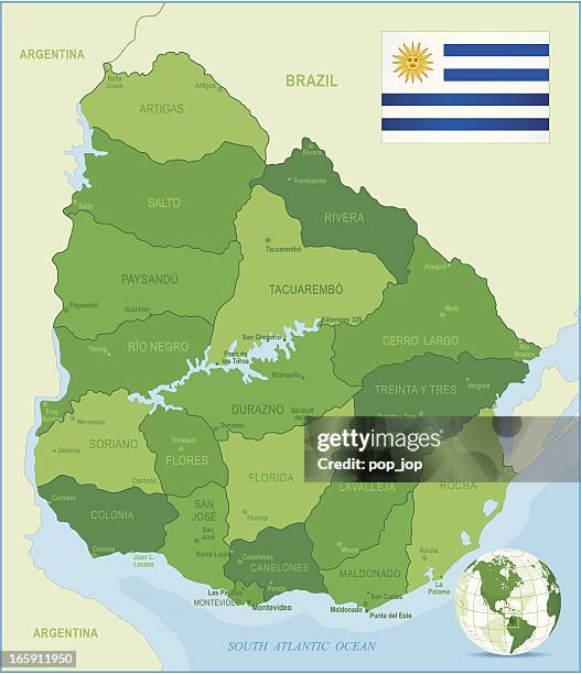 map of uruguay - states, cities and flag - flores stock illustrations