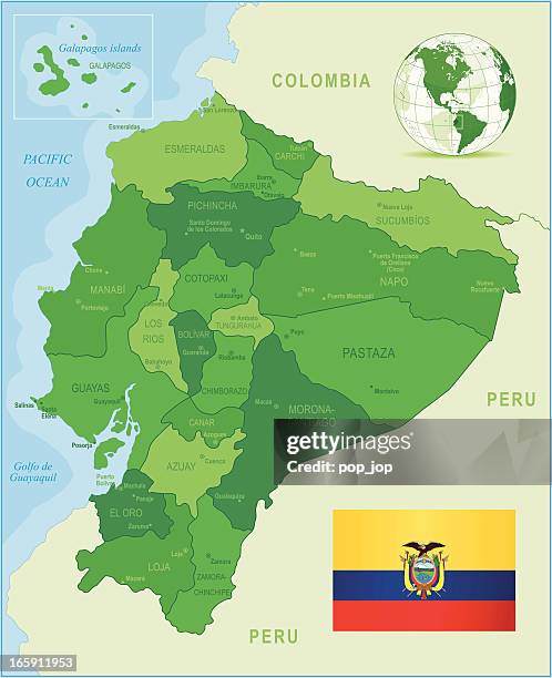 grüne karte von ecuador-staaten, städte, flagge - ecuador stock-grafiken, -clipart, -cartoons und -symbole