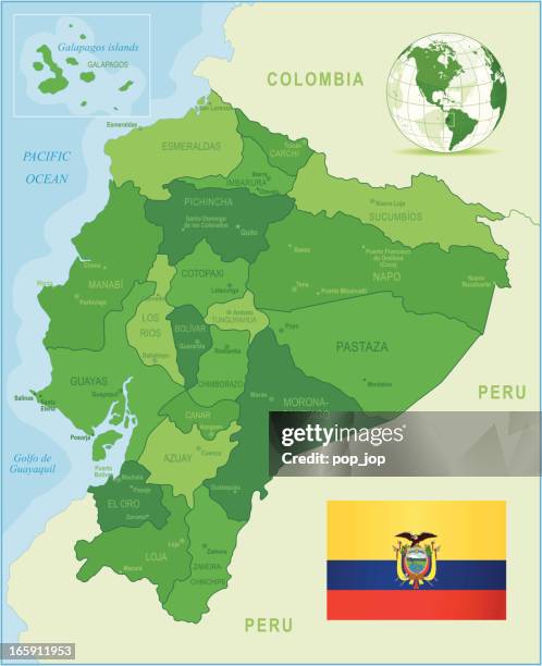 green map of ecuador - states, cities, flag - ecuador map stock illustrations