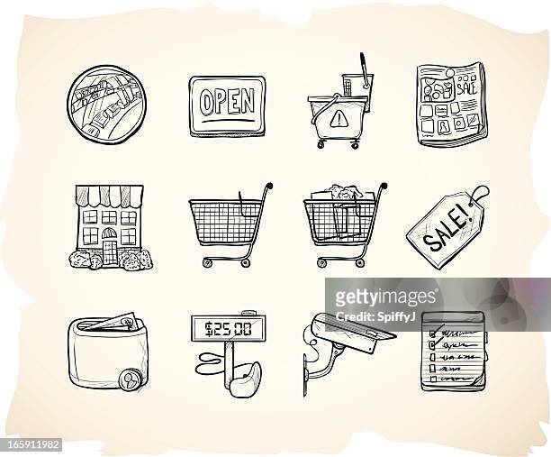 ilustrações, clipart, desenhos animados e ícones de esboço de compras de ícones da loja - shopping cart