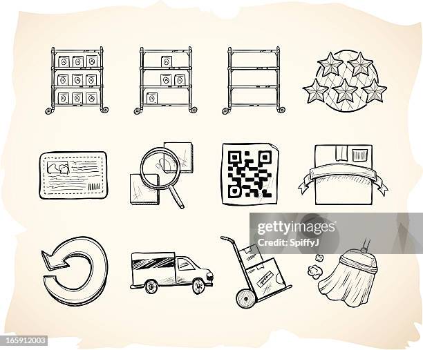 sketch warehouse and manufacturing icons - broom stock illustrations