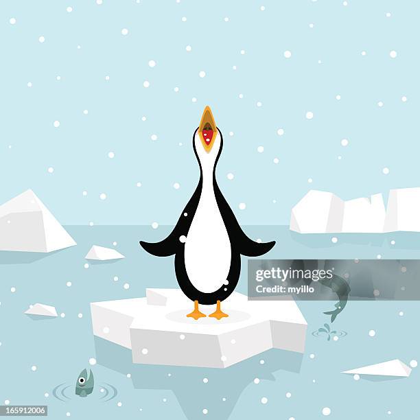 ilustraciones, imágenes clip art, dibujos animados e iconos de stock de que la nieve. pingüino de comer snowflakes. - pinguinos