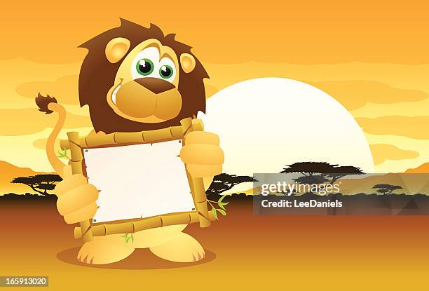 lion holding a blank sign - safari sunset stock illustrations