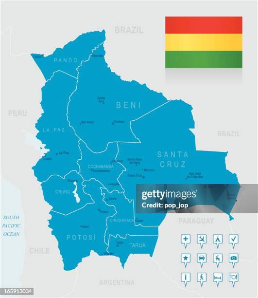 map of bolivia - states, cities, flag and navigation icons - santa cruz bolivia stock illustrations