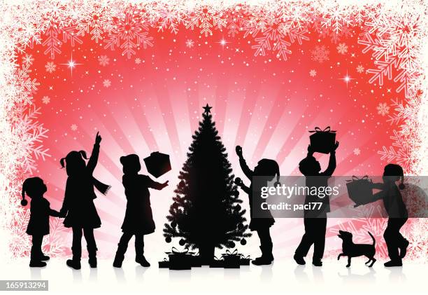 kinder erhalten sie geschenke für weihnachten - illustrazione stock-grafiken, -clipart, -cartoons und -symbole