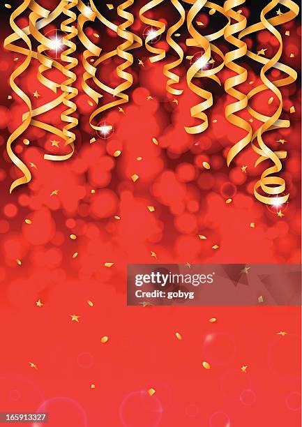 hanging gold streamers on red background - gold streamers stock illustrations