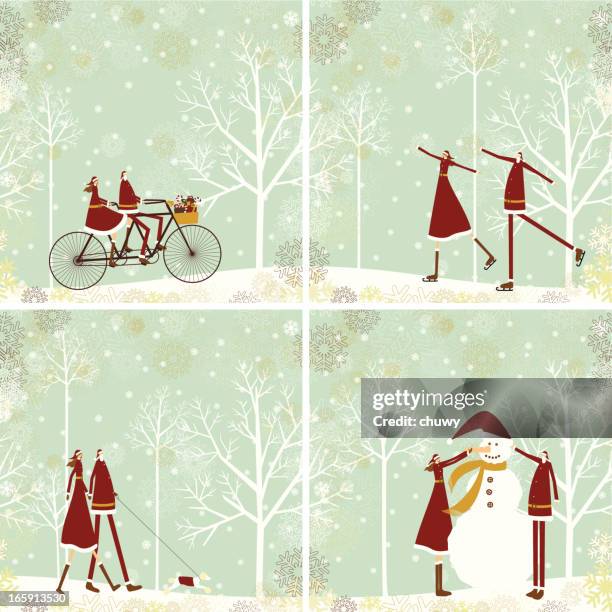 santa and lady on christmas background - ice skating christmas stock illustrations