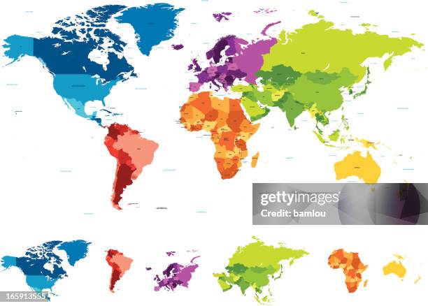 world map with different colored continents and named countries - macro orange stock illustrations