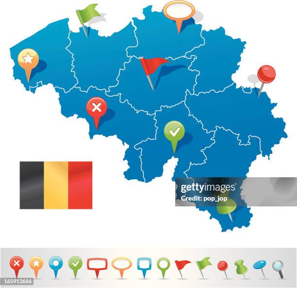 belgium map with navigation icons - wallonia stock illustrations