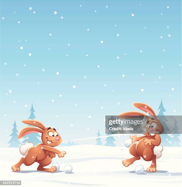 bunny schneeballschlacht - snow bunny cartoon stock-grafiken, -clipart, -cartoons und -symbole