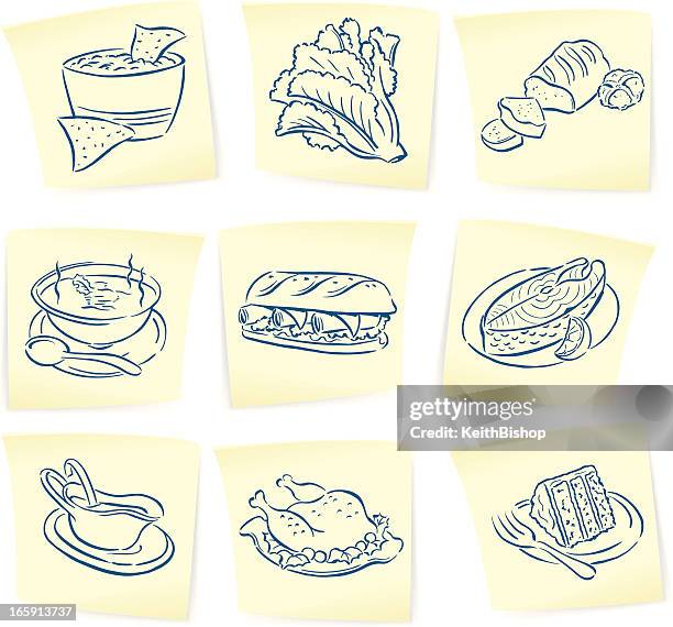 speisen und kritzeleien auf klebezettel - suppe stock-grafiken, -clipart, -cartoons und -symbole