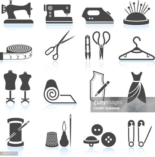 ilustraciones, imágenes clip art, dibujos animados e iconos de stock de costurero adaptar y prendas negro & conjunto de iconos de vector blanco - coser