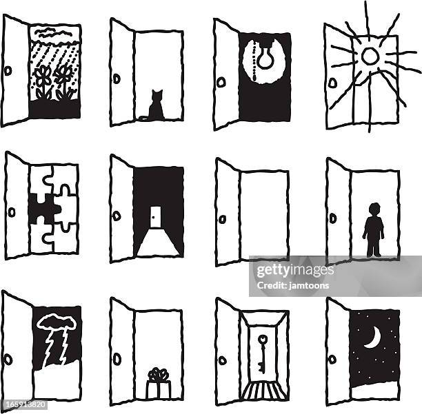 open doors - boy opening present stock illustrations
