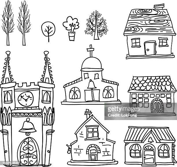 house collection in black and white - bungalow stock illustrations