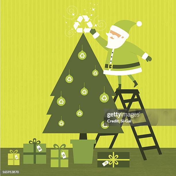 green santa with the recycle symbol as a christmas tree star - christmas green stock illustrations
