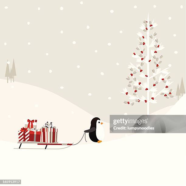 ilustrações, clipart, desenhos animados e ícones de pinguim transportando presentes da árvore - tobogganing