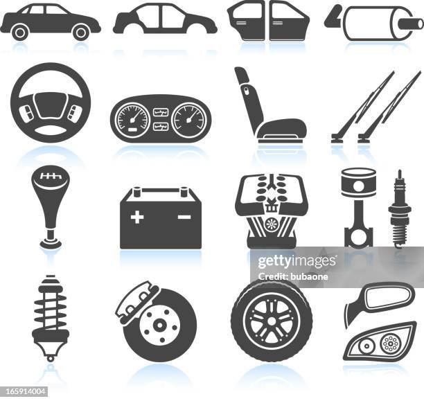 auto assembly und teile & schwarz-weiß vektor icon-set - car spoiler stock-grafiken, -clipart, -cartoons und -symbole