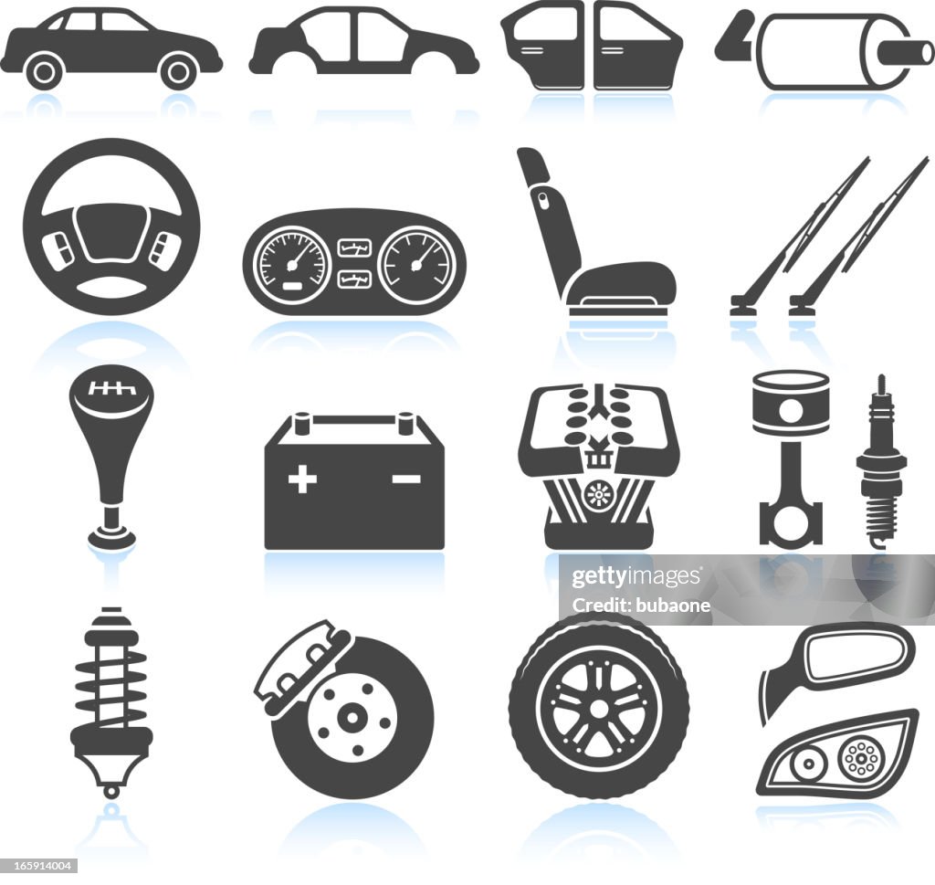 Car Assembly and Parts black & white vector icon set