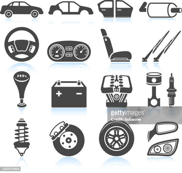 car assembly and parts black & white vector icon set - scrap metal stock illustrations