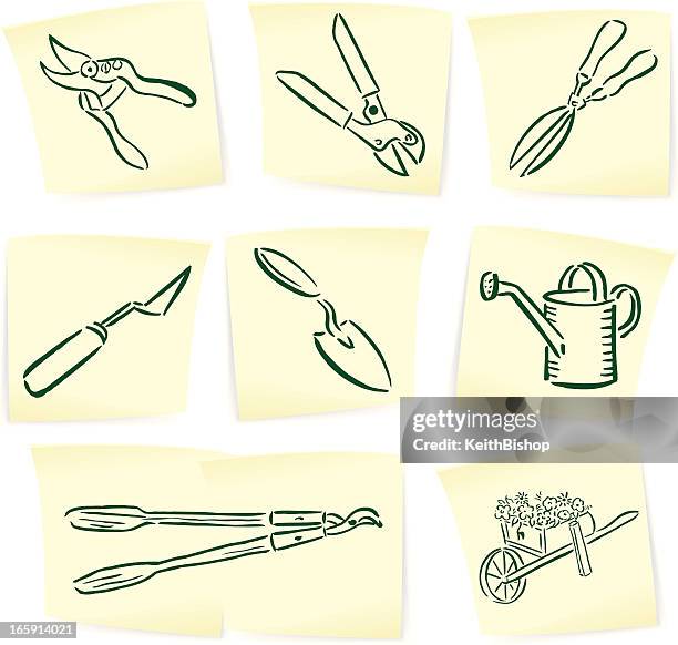 garden tools doodles with sticky notes - office post it notes stock illustrations