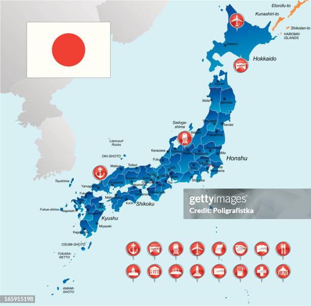 map of japan with object icons - japan train station stock illustrations
