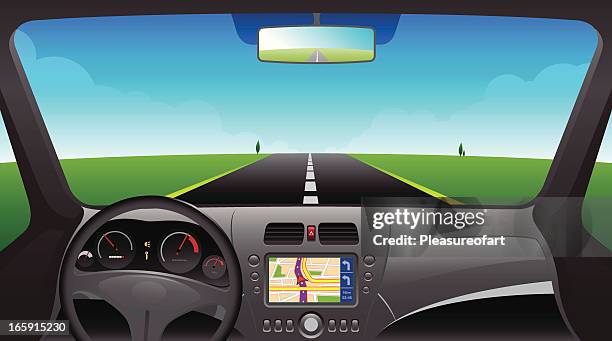 car interior armaturenbrett mit gps-gerät - windschutzscheibe stock-grafiken, -clipart, -cartoons und -symbole