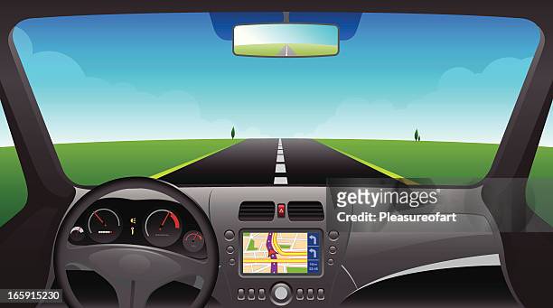 illustrazioni stock, clip art, cartoni animati e icone di tendenza di interno di automobile dashboard con un dispositivo gps - windshield