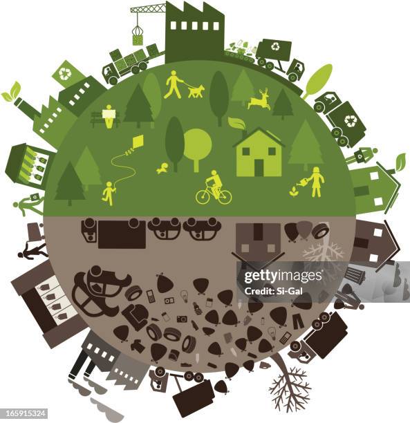 recycling vs. landfill process and effects cartoon - garbage dump stock illustrations