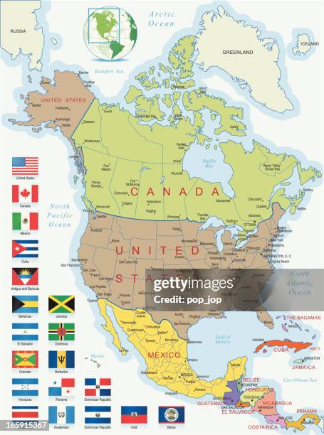 north america - map with flags - bahamas map stock illustrations